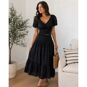 Jennifer & Grace Black Eyelet 2-Piece Crop Top & Tiered Midi Skirt Set
